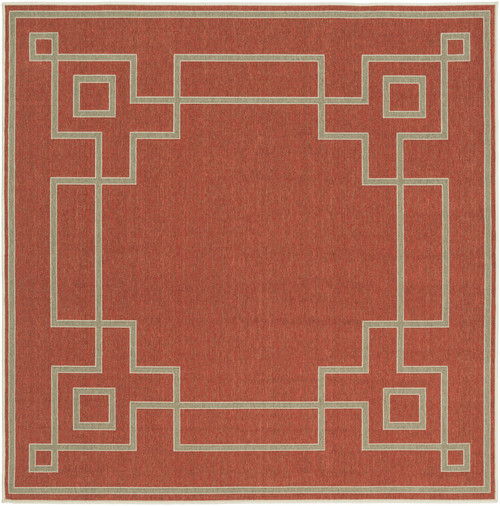 7.25' Crimson Red and Cream White Shed Free Square Outdoor Area Throw Rug - IMAGE 1