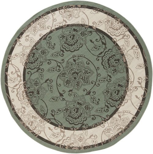 7.25' Green and Ivory White Floral Round Area Throw Rug - IMAGE 1