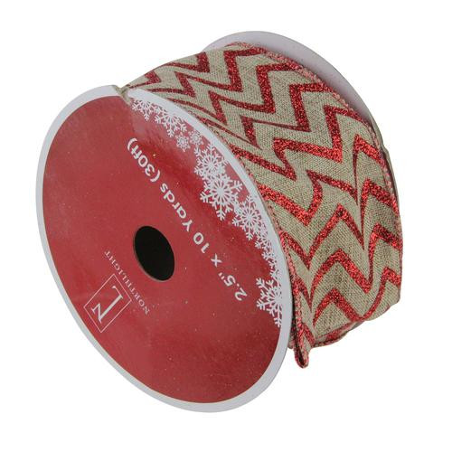 Red and Beige Chevron Wired Christmas Craft Ribbon 2.5" x 10 Yards - IMAGE 1