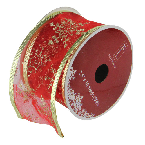 Cranberry Red and Gold Glitter Snowflakes Wired Christmas Craft Ribbon 2.5 x 10 Yards - IMAGE 1