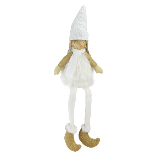 16" White and Gold Glittered Girl Angel with Dangling Legs Tabletop Decor - IMAGE 1