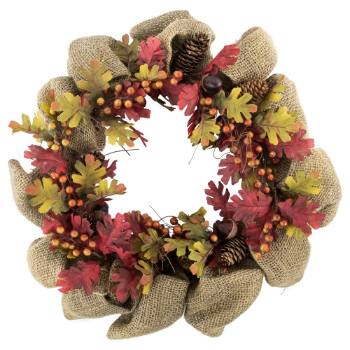 Rustic Burlap Fall Harvest Wreath with Acorns and Berries, 18-Inch - IMAGE 1