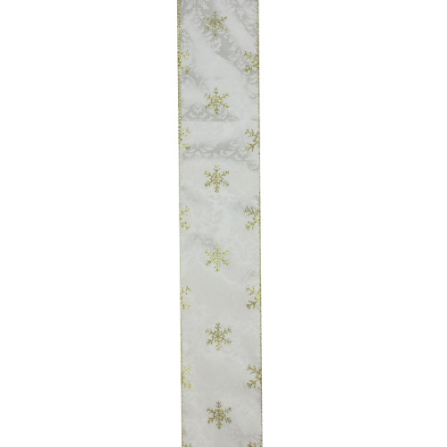 Gold and White Snowflake Printed Christmas Wired Craft Ribbon 2.5" x 10 Yards - IMAGE 1