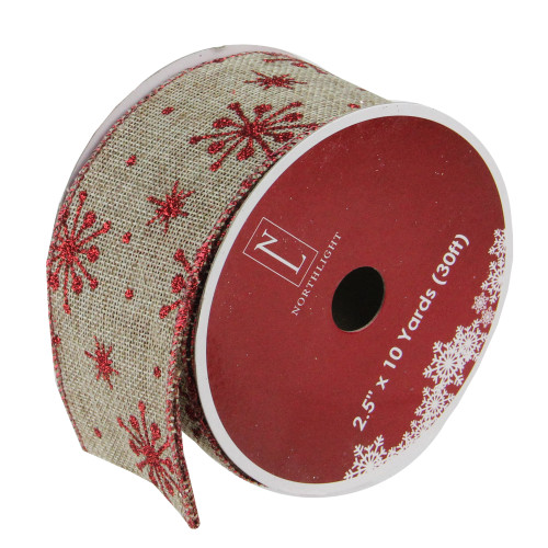 Red and Beige Snowflake Wired Christmas Craft Ribbon 2.5" x 10 Yards - IMAGE 1