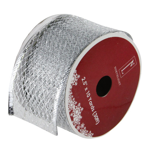 Pack of 12 Glittering Silver Metallic Lattice Christmas Wired Craft Ribbons - 2.5" x 120 Yards - IMAGE 1
