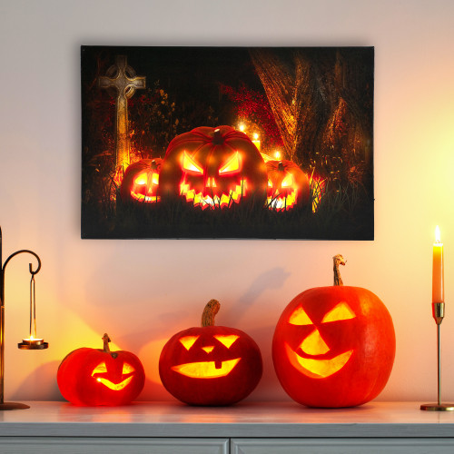LED Lighted Jack-O-Lanterns in Cemetery Halloween Canvas Wall Art 23.5" x 15.5" - IMAGE 1