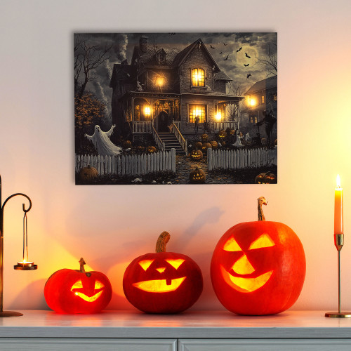 LED Lighted Haunted House Halloween Canvas Wall Art - 15.75 x 23.75" - IMAGE 1