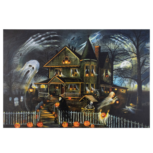 LED Lighted Creepy Haunted House Halloween Canvas Wall Art 23.5" x 16" - IMAGE 1