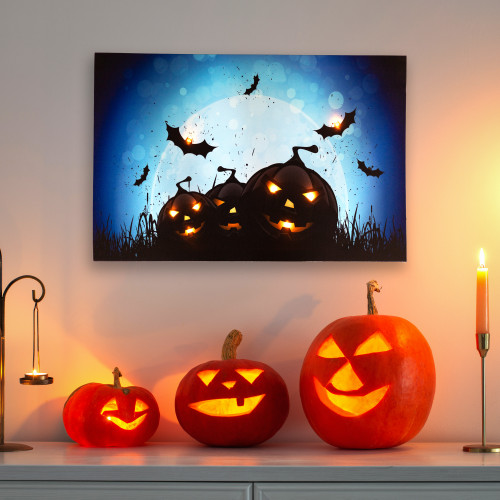 LED Lighted Jack-O-Lanterns and Bats Halloween Canvas Wall Art - 23.5" x 15.75" - IMAGE 1