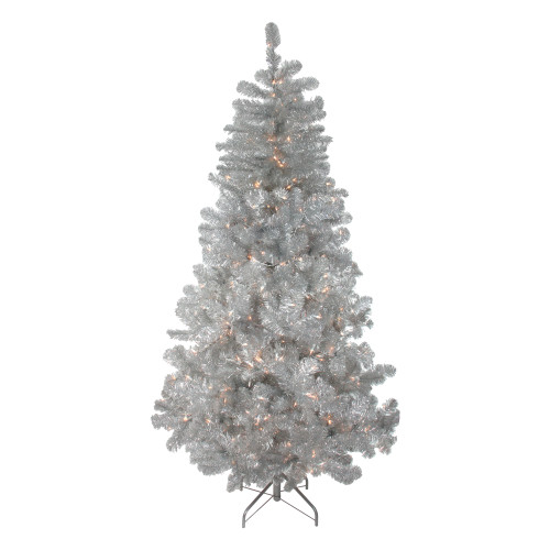 4.5' Pre-Lit Silver Metallic Tinsel Artificial Christmas Tree - Clear Lights - IMAGE 1