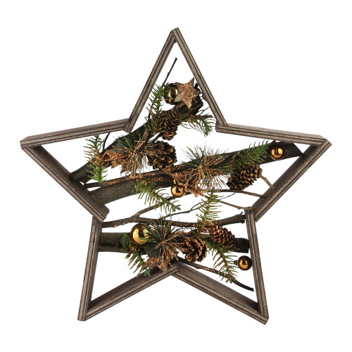 Wood Framed Star with Mixed Branches and Bells Table or Wall Decoration - 15.25" - IMAGE 1