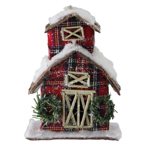 5" Red and White Plaid Glitter Snow Covered Barn Christmas Ornament - IMAGE 1