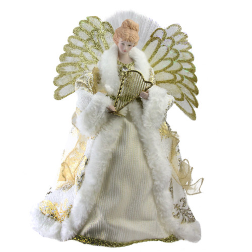 12" Lighted Fiber Optic Angel in Gold and Cream Gown with Harp Christmas Tree Topper - IMAGE 1