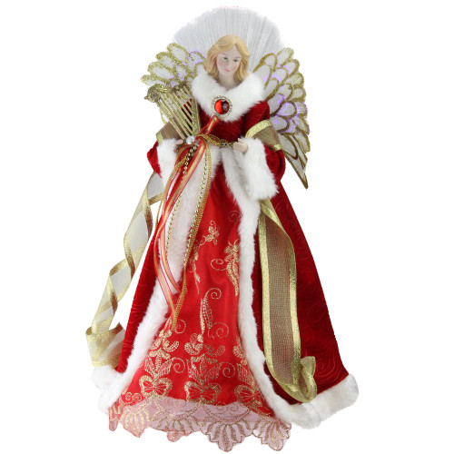 16" Lighted Fiber Optic Angel in Garnet Red Coat with Harp Christmas Tree Topper - IMAGE 1