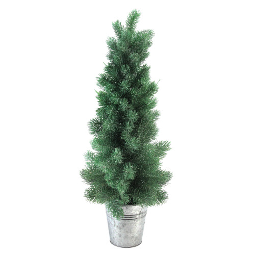 2' Potted Slim Iced Mini Pine Artificial Christmas Tree in Galvanized Bucket - Unlit - IMAGE 1