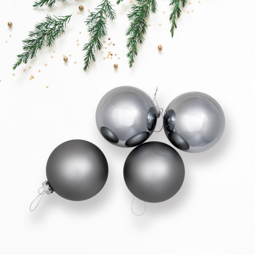 Shiny and Matte Christmas Glass Ball Ornaments - 4" (100mm) - Silver - 4ct - IMAGE 1