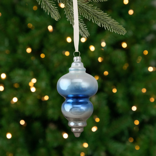 6" Sky Blue and Silver Hanging Glass Christmas Finial Ornament - IMAGE 1