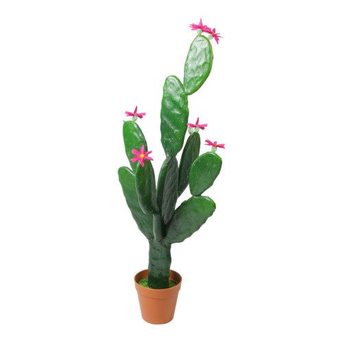 31" Artificial Prickly Pear Cactus Plant with Bright Pink Flowers - IMAGE 1