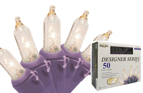 50-Count Clear Incandescent Mini Christmas Light Set, 19ft Purple Wire - IMAGE 1