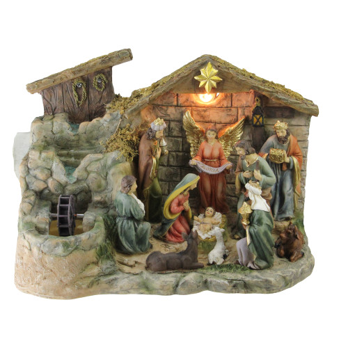 11-Piece Pre-Lit Brown Christmas Nativity Figurine Set with Water Fountain 11" - Warm White Light - IMAGE 1