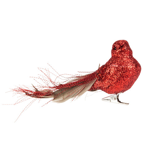 Glittered Bird with Feather Tail Christmas Clip Ornament - 7" - Red - IMAGE 1