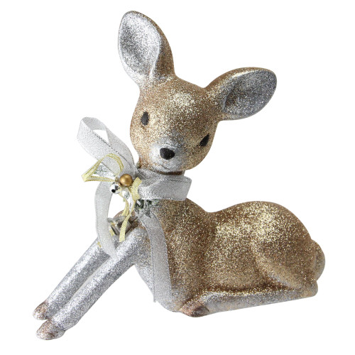 8” Silver and Gold Glitter Sitting Deer Christmas Decoration - IMAGE 1