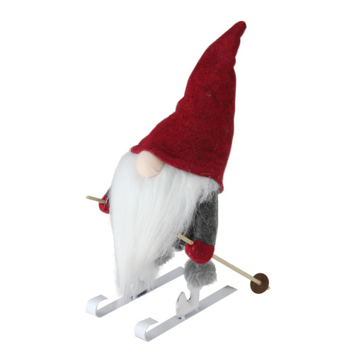 12" Nick on Skis Ruby Red and Slate Gray Santa Gnome Christmas Figurine - IMAGE 1