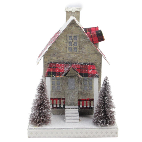 10" Brown and Red Battery Operated LED Tartan House Christmas Decor - IMAGE 1