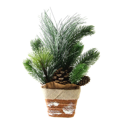 12" Artificial Iced Pine Needles and Pine Cones in Burlap Basket Christmas Decoration - IMAGE 1