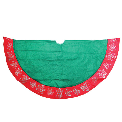 48" Green Christmas Tree Skirt with Red Gemstone Glitter Snowflake Trim - IMAGE 1