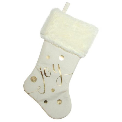 19" Ivory White and Gold "Joy" Christmas Stocking with White Faux Fur Cuff - IMAGE 1