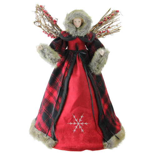 16.5" Red Plaid with Twig and Berry Wings Angel Figure Christmas Table Top Decoration - IMAGE 1