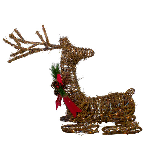 30" Brown Lighted Rattan Reindeer with Red Bow and Pine Cones Christmas Outdoor Decoration - IMAGE 1