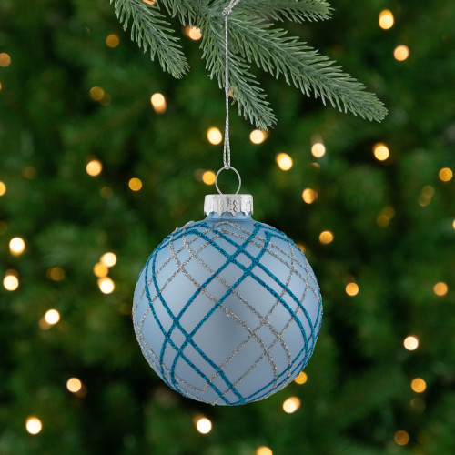 4ct Blue and Silver Plaid Glitter Glass Christmas Ornament Ball Set 2.75" (70mm) - IMAGE 1