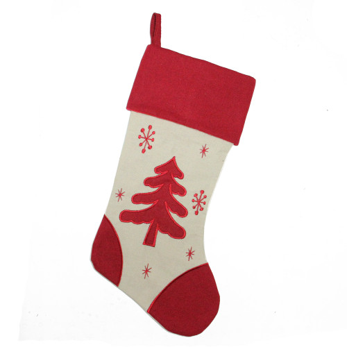 18" Red and Ivory Tree with Snowflakes Christmas Stocking - IMAGE 1