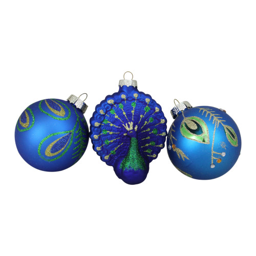 Set of 3 Royal Blue and Green Peacock Glass Christmas Ornaments 3.75" (95mm) - IMAGE 1