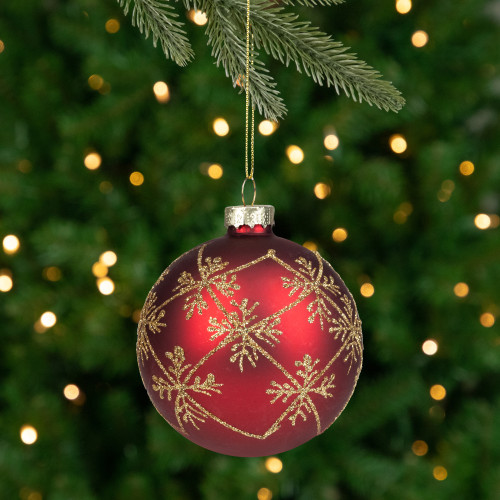 Glittered Snowflake Glass Ball Christmas Ornament - 3.25" - Burgundy Red and Gold - IMAGE 1