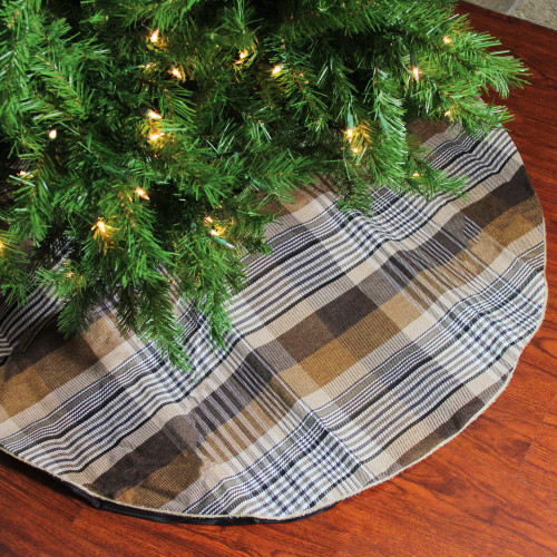 48" Brown Plaid Rustic Woodland Christmas Tree Skirt with Gold Trim - IMAGE 1