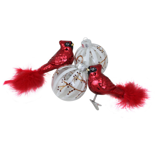 Cardinal Birds and Twig Christmas Ball Glass Ornaments - 6.25" (155mm) - 4ct - IMAGE 1