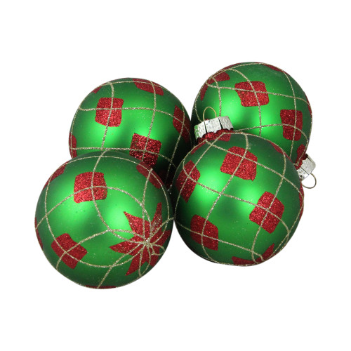 Glittered Argyle Christmas Glass Ball Ornaments - 3.25" (80mm) - Green and Red - 4ct - IMAGE 1