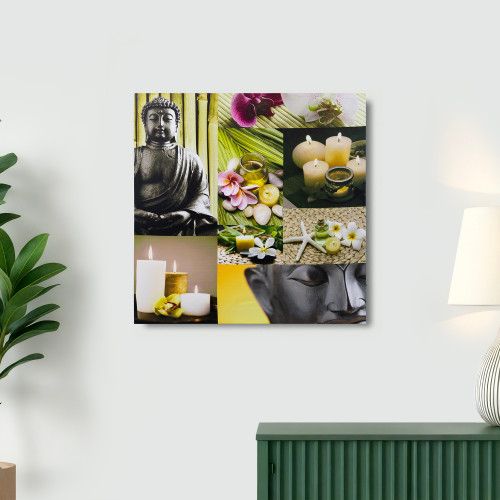 LED Lighted Flickering Buddha and Candle Collage Canvas Wall Art - 19.5" x 19.5" - IMAGE 1