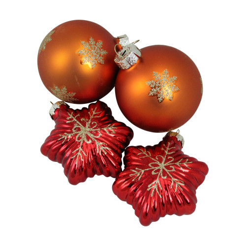 4ct Shiny Red Stars and Amber Orange Balls Glass Christmas Ornaments 4.25" - IMAGE 1