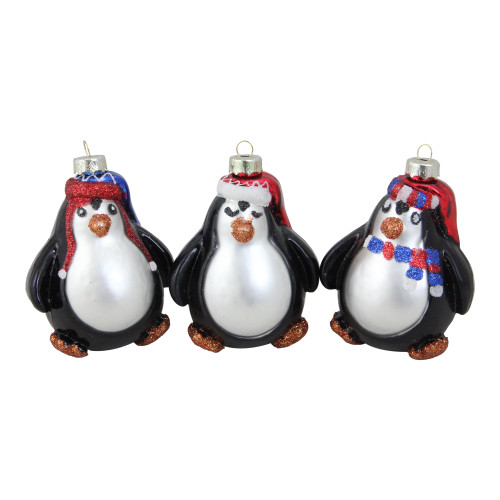 3ct Black and White Penguin Glass Christmas Ornaments 3.25" - IMAGE 1