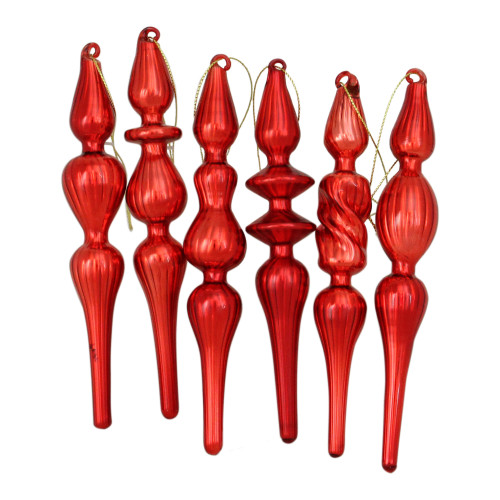 6ct Red Asymmetrical Glass Hanging Christmas Finial Ornaments 7.25" - IMAGE 1