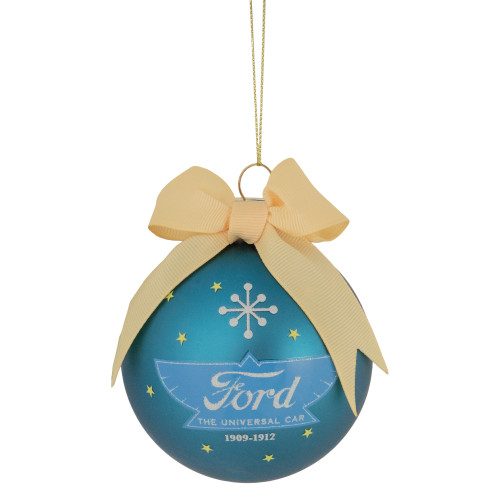 2.75" Matte Blue "Ford The Universal Car" With a Beige Ribbon Glass Christmas Ball Ornament - IMAGE 1