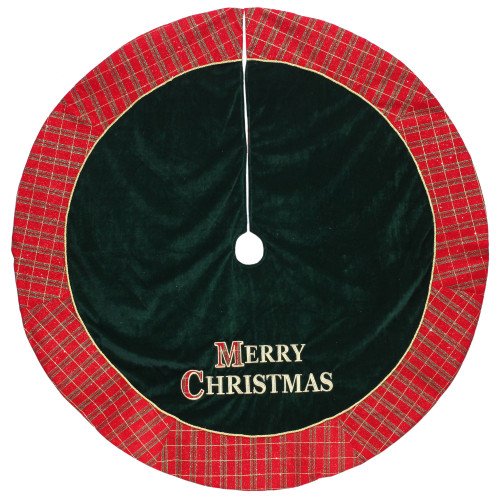 48" Red and Green 'MERRY CHRISTMAS' Plaid Christmas Tree Skirt - IMAGE 1