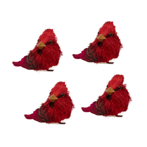 Set of 4 Red Cardinal Clip-On Sisal Christmas Bird Ornaments, 3.5" - IMAGE 1