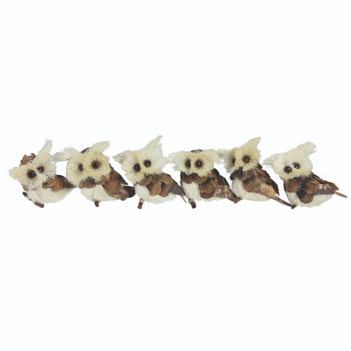 Set of 6 Brown and Ivory Sisal Owls Christmas Ornaments, 2.25" - IMAGE 1