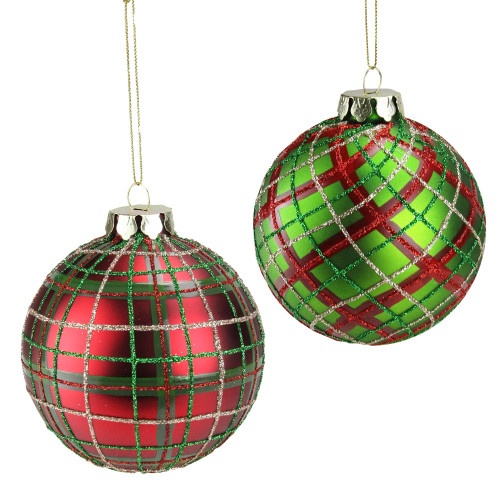 Set of 2 Red and Green Plaid Glass Ball Christmas Ornaments 3.25” (80mm) - IMAGE 1