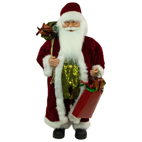 36" Poinsettia Santa Claus with Gift Bag Christmas Figure - IMAGE 1